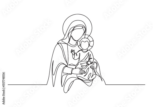 Continuous Line Drawing of Mary with Child Jesus, minimalist and