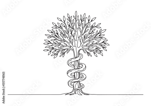 Serpent entwined around tree trunk, continuous line drawing illu