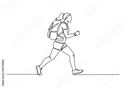Continuous Line Drawing of a Woman Hiking with Backpack Illustra