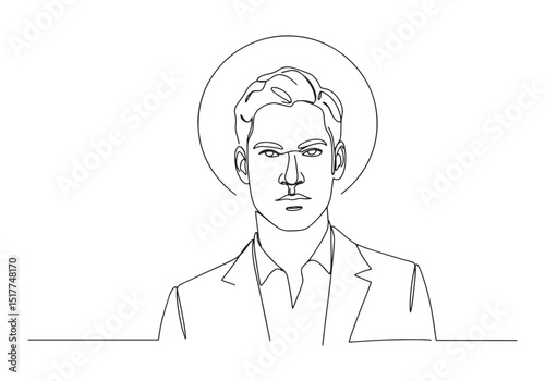 Continuous line drawing of a man with halo, conceptual black and