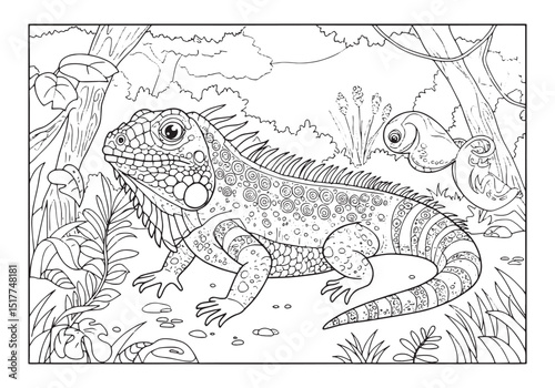Intricate iguana in jungle coloring page for relaxing creative t
