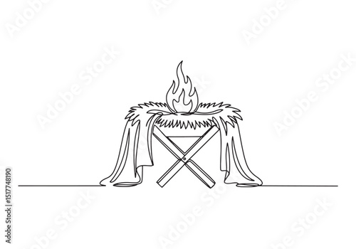 Single continuous line drawing of holy manger with flame minimal