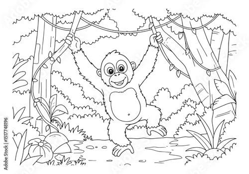 Playful Orangutan Swinging on Vines, A Coloring Book Adventure I