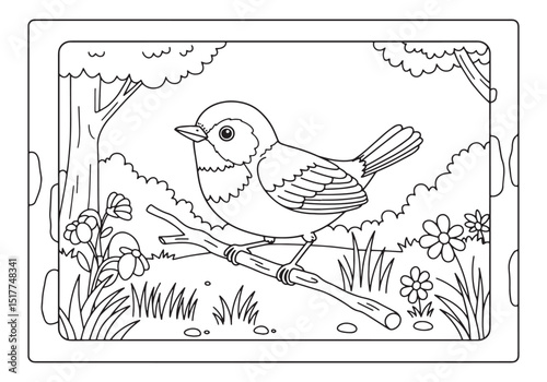 Enchanting warbler in coloring book style perched on a branch su