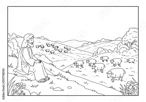 Jesus the Good Shepherd coloring page for kids, religious illust