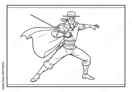 Coloring Page of Zorro with Mask and Sword, Black and White Outl