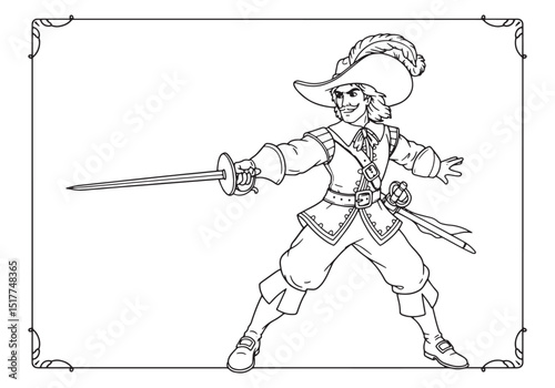 Vintage Musketeer coloring page, black and white swordsman illus