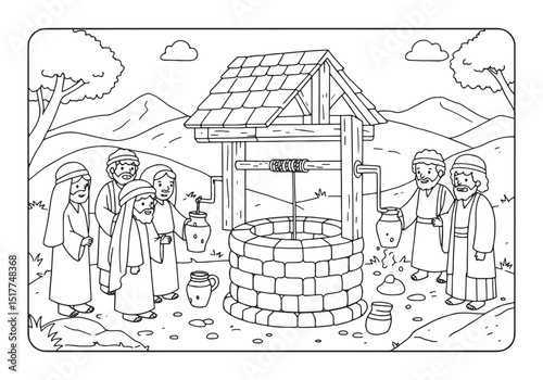 Coloring page depicting people at well illustration of a vintage