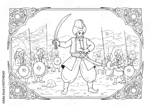 Janissary Coloring Page, A Detailed Black and White Illustration
