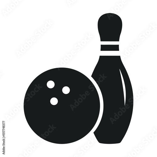 Black bowling ball and pins 3d illustration for sport game activity silhouette vector on white background
