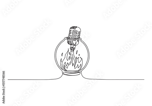 Single line drawing of microphone within fire symbol emitting so