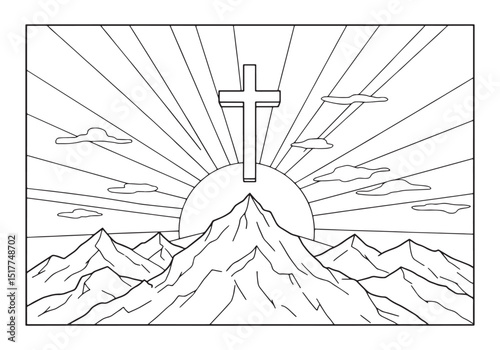 A serene mountain landscape featuring a hovering cross above the