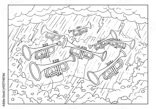 Coloring Book Page, Seven Trumpets Amidst Stormy Weather Illustr