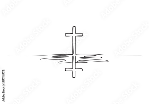 Continuous line drawing of a christian cross with water reflecti
