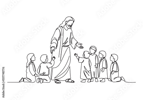 Jesus Christ Blesses Children in a Continuous Line Drawing Illus
