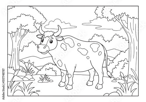 Adorable Ox in a Whimsical Landscape, A Coloring Book Adventure