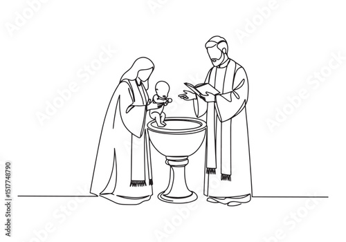Continuous Line Drawing of Infant Baptism Ceremony with Priest a