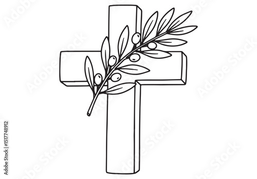 Elegant minimalistic religious cross adorned with an olive branc