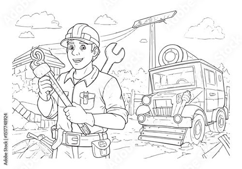 Vintage 1991 Coloring Book Illustration of a Smiling Male Mechan