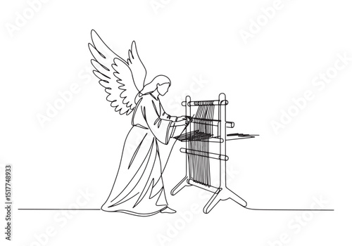 Angelic Weaver, A Continuous Line Drawing of an Angel at a Loom