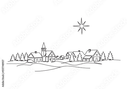 Continuous line drawing of a christmas scene with star and villa