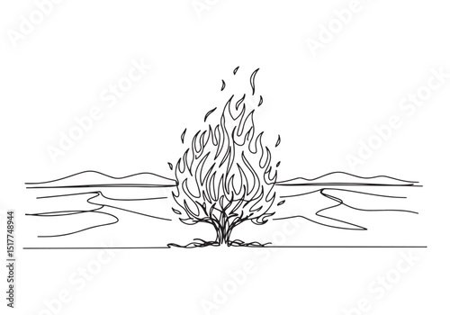 Burning Bush Continuous Line Drawing in Minimalist Black and Whi