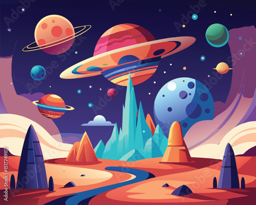 Vibrant Alien Planet Landscape Colorful Space Scene Fantasy World Design Game Background Cartoon