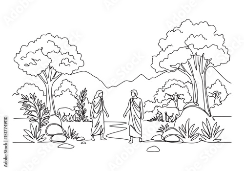 Adam and Eve in the Garden of Eden, Continuous Line Art Depictin