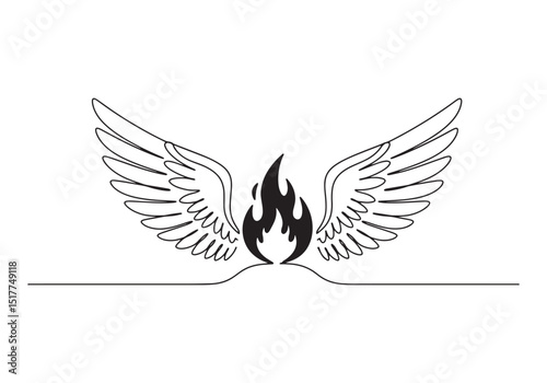 Minimalist wings and fire line art, continuous line drawing illu