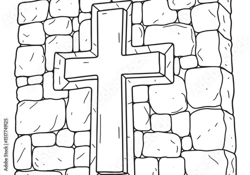 Detailed coloring page of a carved cross set in a brick or stone