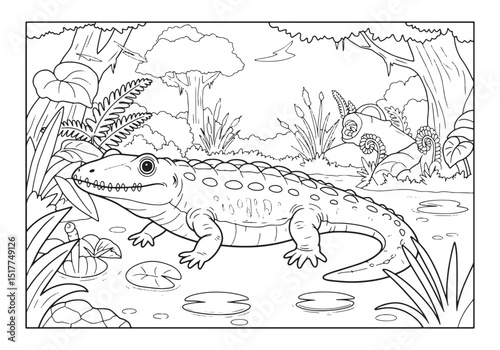 Prionosuchus anima illustration for coloring book with swampy ba