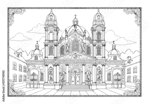 Detailed Black and White Illustration of Baroque Church for Colo