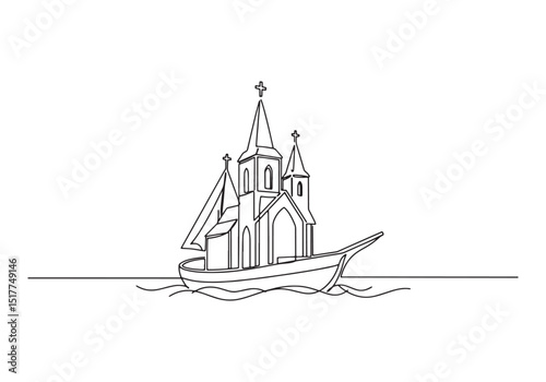 Continuous line drawing ship with church spires, a symbolic jour