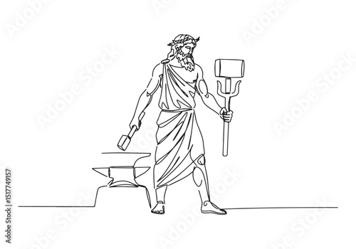 Hephaestus Greek God Blacksmith in Continuous One-Line Illustrat