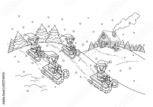 Festive fun, Elves gliding on candy cane sleds in a winter wonde