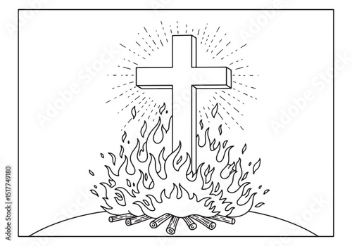 Stylized Cross Rising from Flames Black and White Religious Illu
