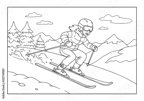 Enthusiastic young female skier in action coloring page for kids