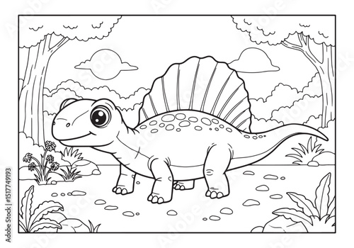 Dimetrodon in a forest coloring page for kids and drawing tutori