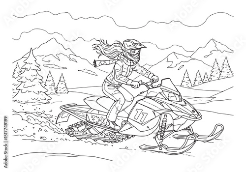 Snowmobiling Woman in Winter Landscape Coloring Page Illustratio