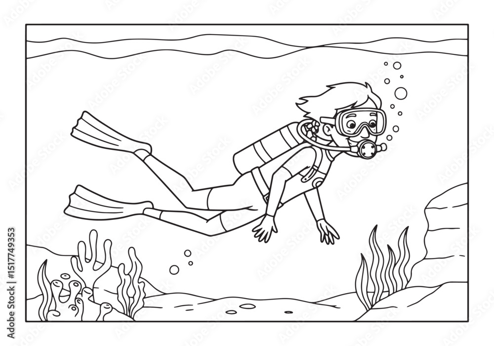 Fototapeta premium Enchanting underwater adventure, a coloring book page of a scuba