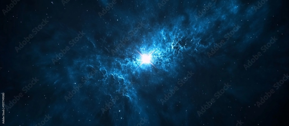 Naklejka premium Blue Cosmic Nebula with Bright Center and Starry Background