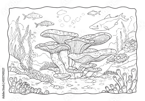 Detailed coloring page of deep sea fungi and marine life with in