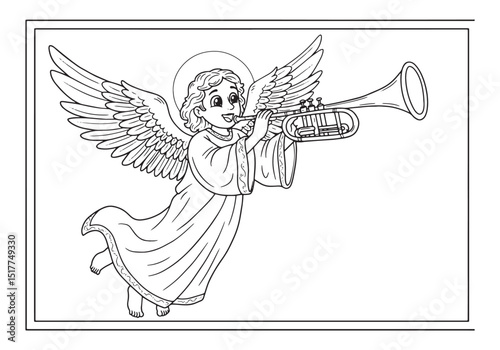 A Cheerful Angel Playing Trumpet, Black and White Coloring Page