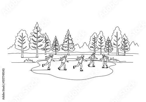 Charming wintry illustration of children ice skating in a forest
