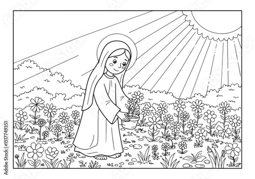 Coloring Page of Virgin Mary in a Garden of Flowers under the Su