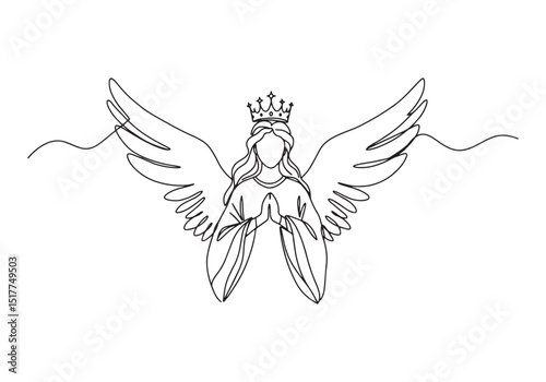 Elegant continuous line drawing of an angel with wings and a cro