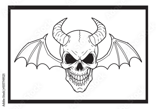 Male Skull with Horns and Bat Wings in Coloring Book Style Illus