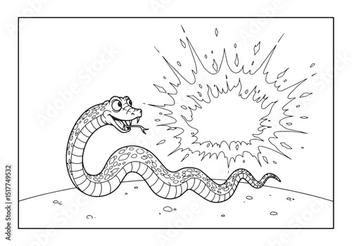 Cartoon Serpent Evading a Sudden Burst in a Black and White Colo