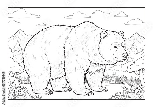 Kodiak Bear in Natural Landscape, A Detailed Coloring Book Illus