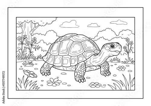 Detailed Russian Tortoise Coloring Page with Natural Elements De